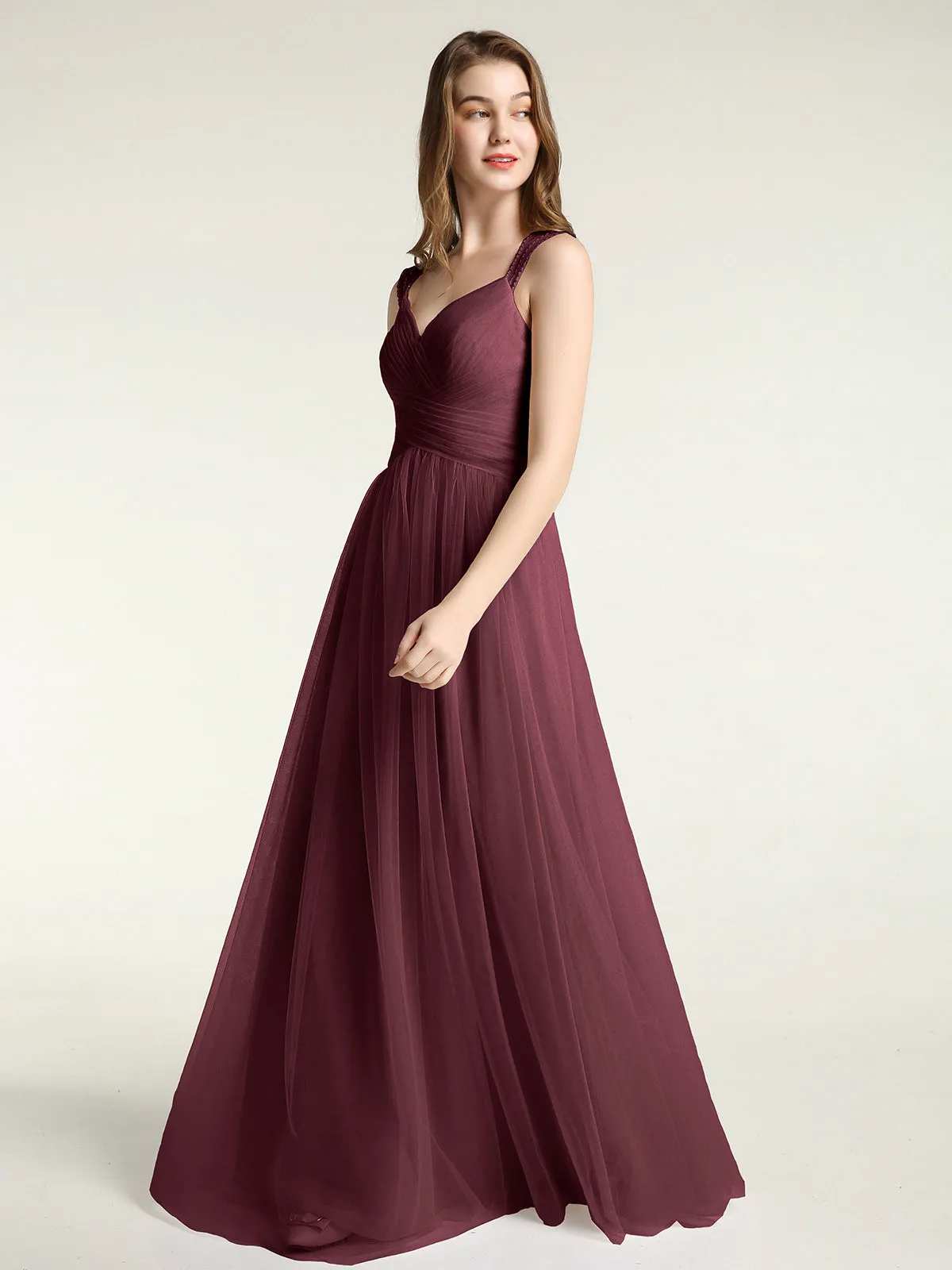 Cross-Pleated Tulle Long Dresses with Beaded Straps Cabernet