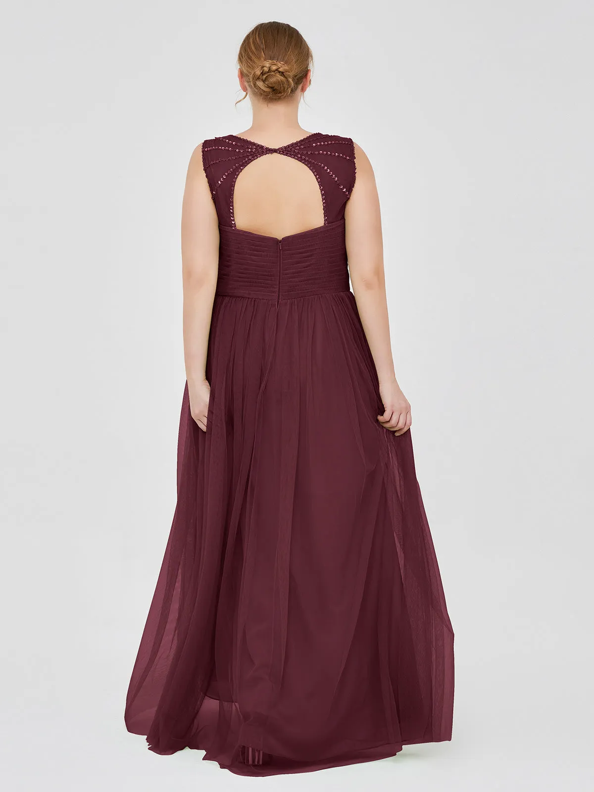 Cross-Pleated Tulle Long Dresses with Beaded Straps Cabernet