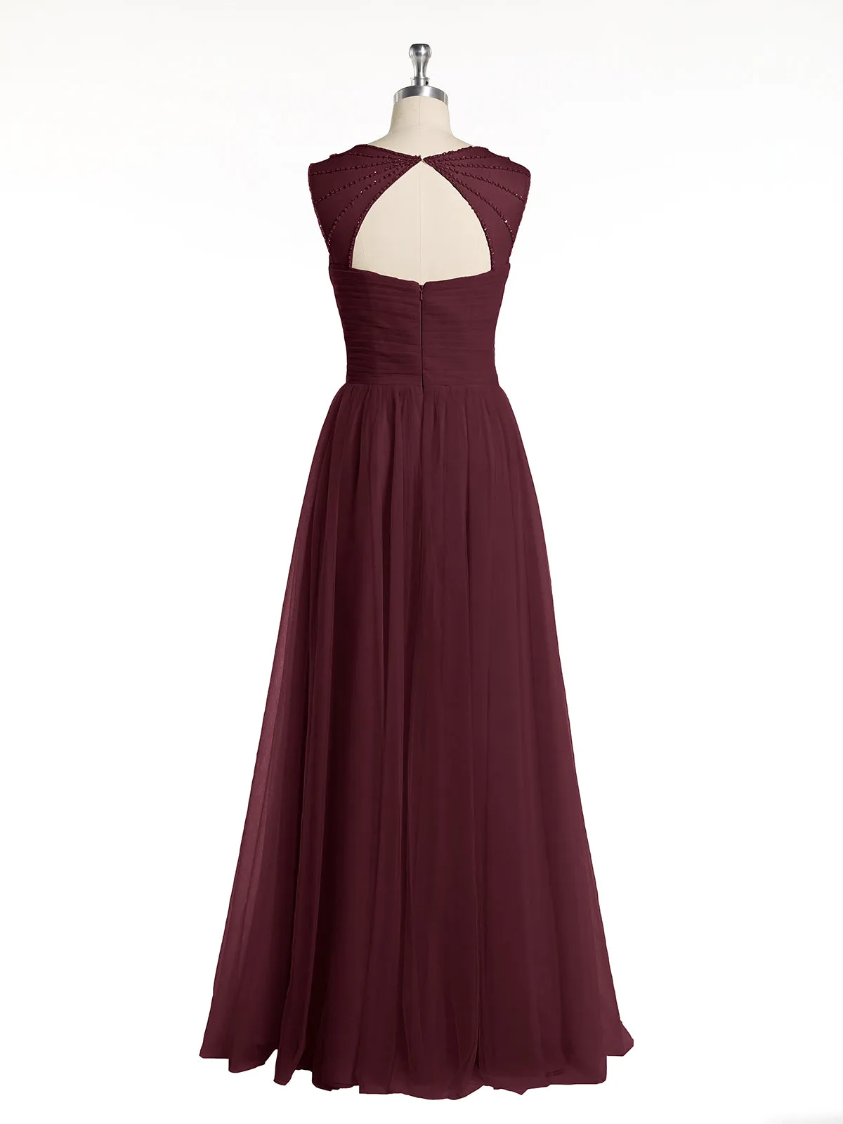 Cross-Pleated Tulle Long Dresses with Beaded Straps Cabernet