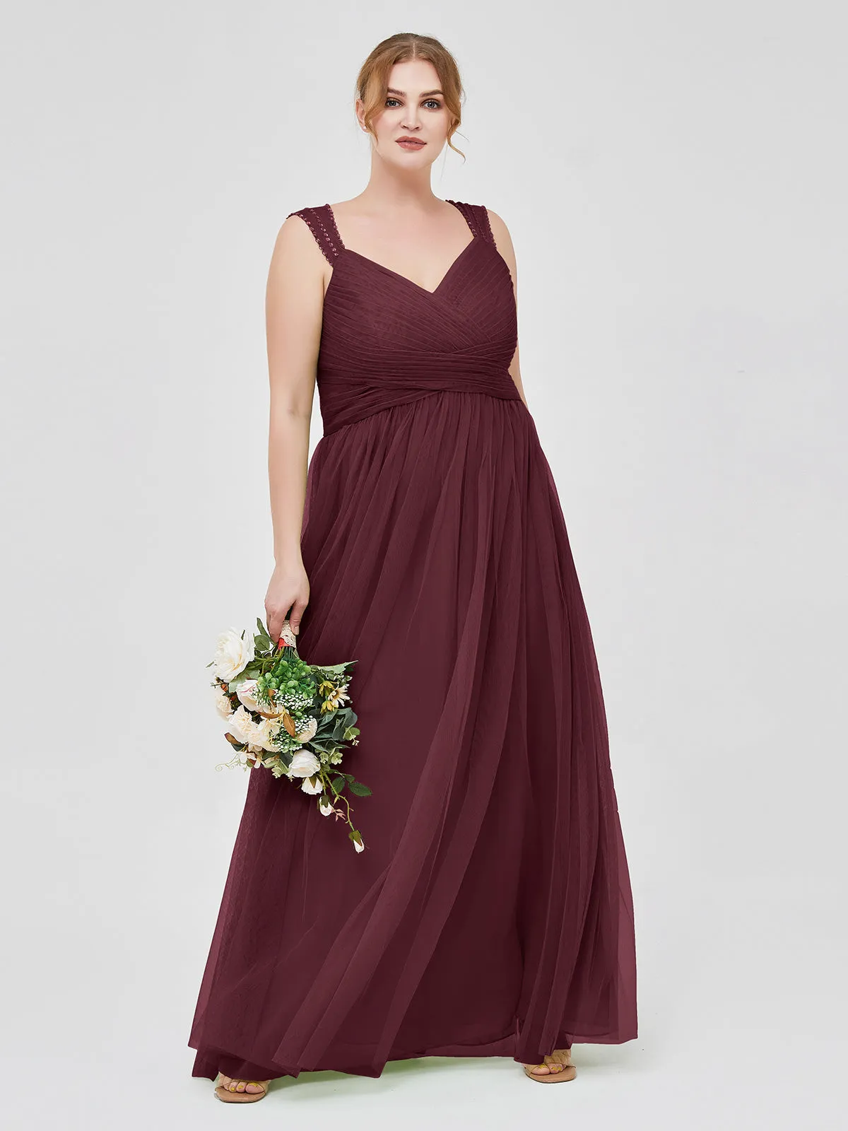 Cross-Pleated Tulle Long Dresses with Beaded Straps Cabernet