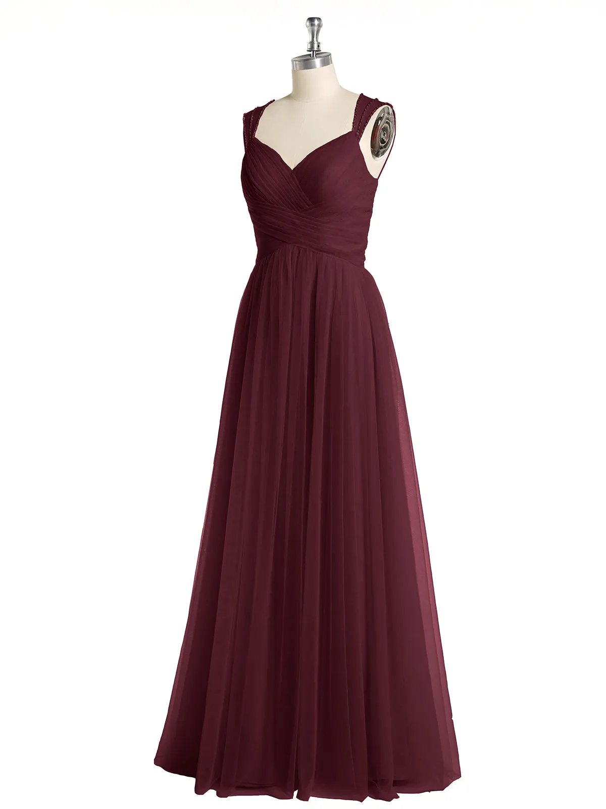Cross-Pleated Tulle Long Dresses with Beaded Straps Cabernet