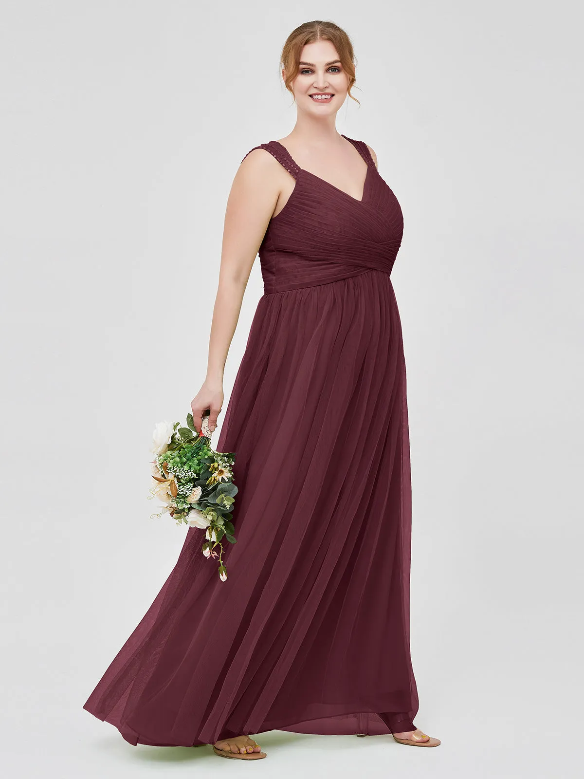 Cross-Pleated Tulle Long Dresses with Beaded Straps Cabernet