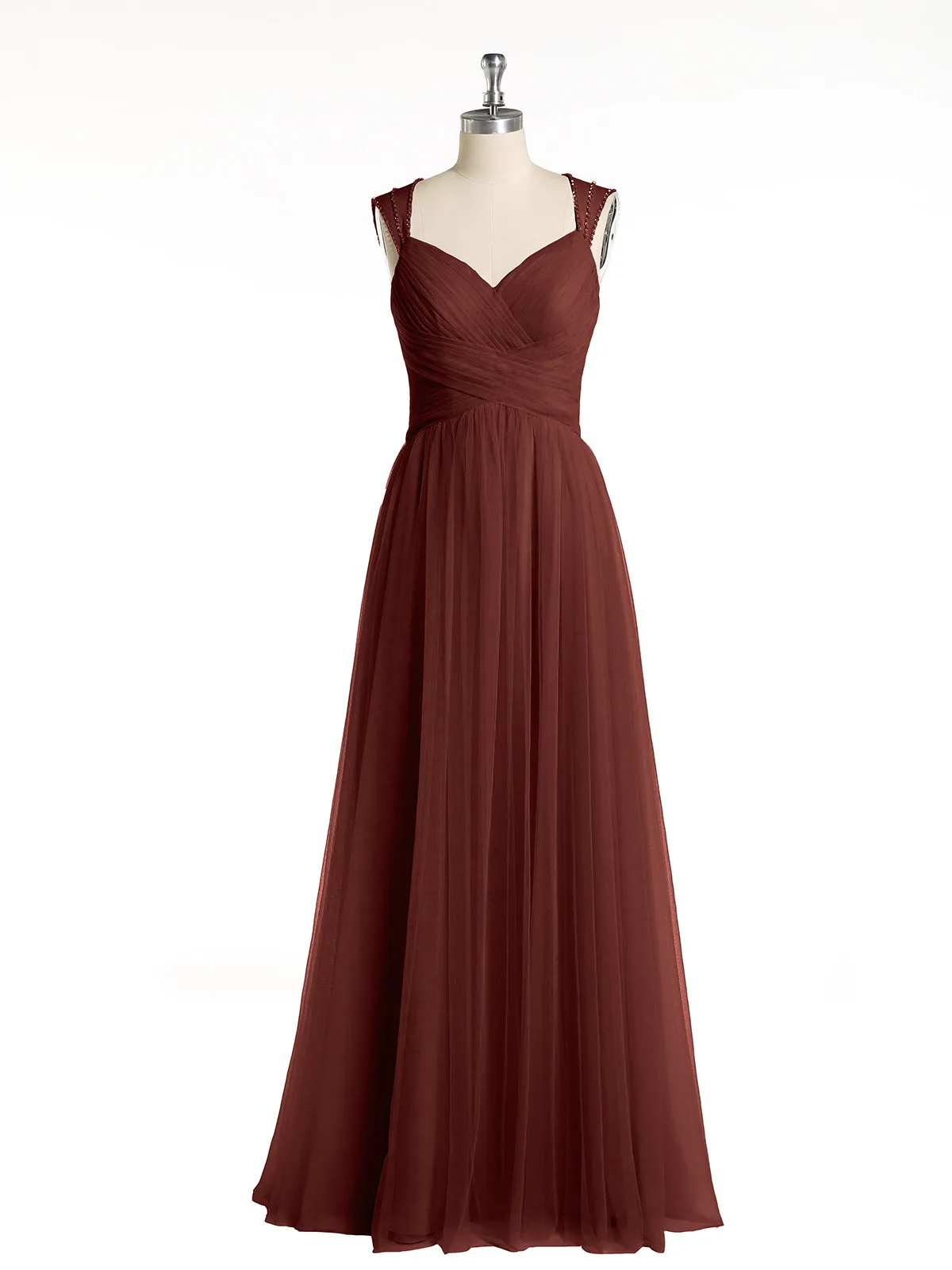 Cross-Pleated Tulle Long Dresses with Beaded Straps Terracotta Plus Size