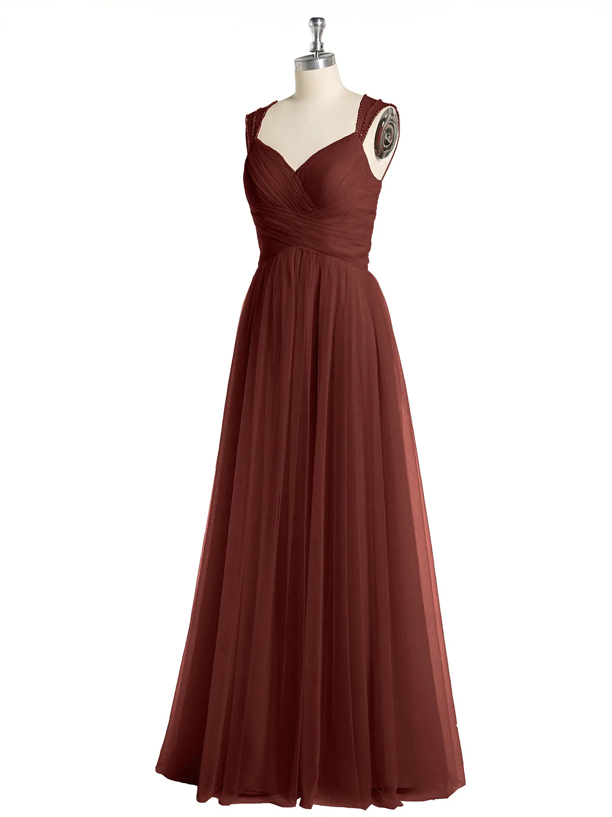 Cross-Pleated Tulle Long Dresses with Beaded Straps Terracotta Plus Size