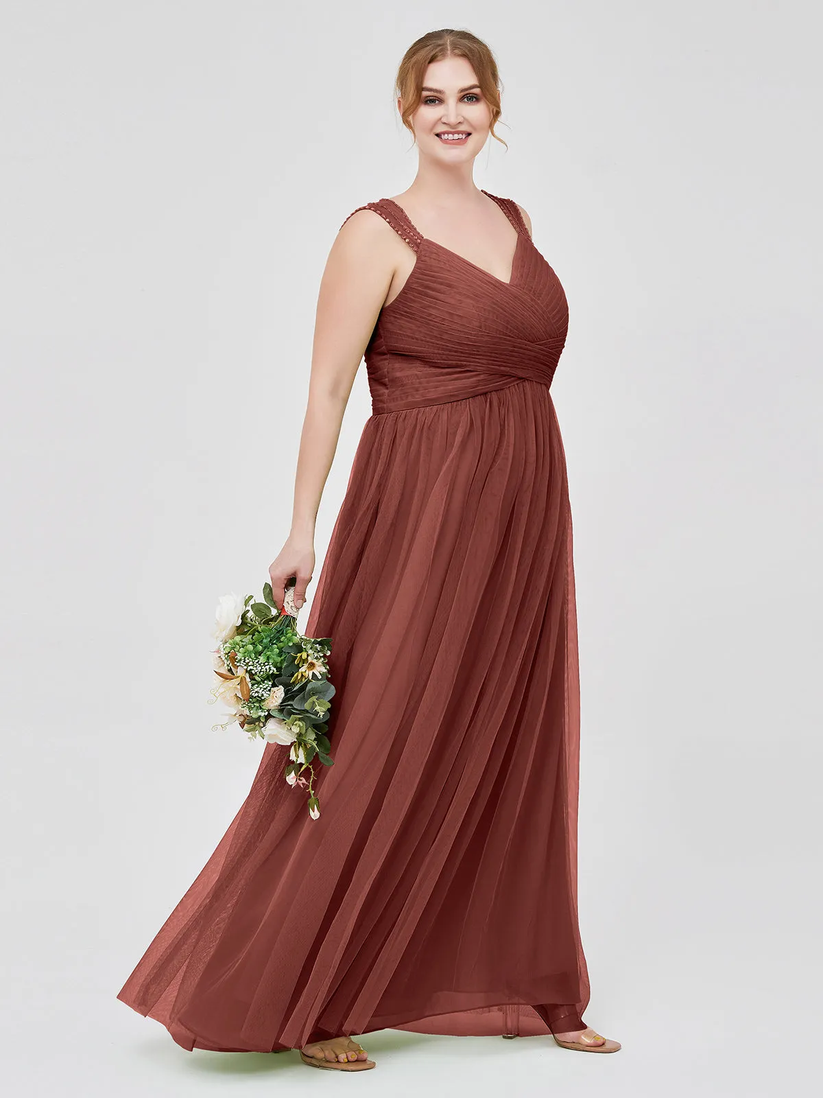 Cross-Pleated Tulle Long Dresses with Beaded Straps Terracotta Plus Size