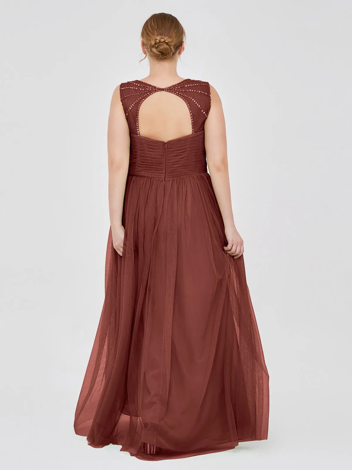 Cross-Pleated Tulle Long Dresses with Beaded Straps Terracotta Plus Size