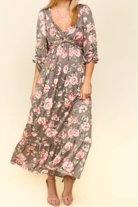 Deena Twisted Detail Ruffled Hem Floral Dress with Side Pockets