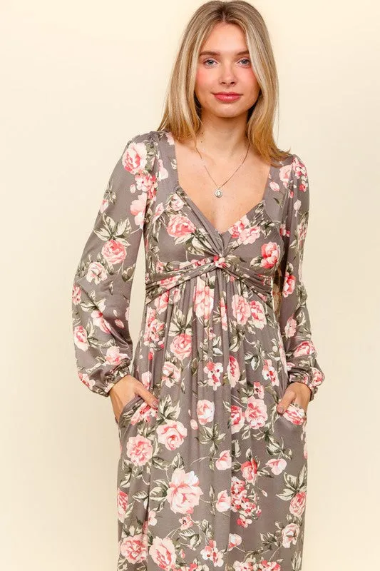 Deena Twisted Detail Ruffled Hem Floral Dress with Side Pockets