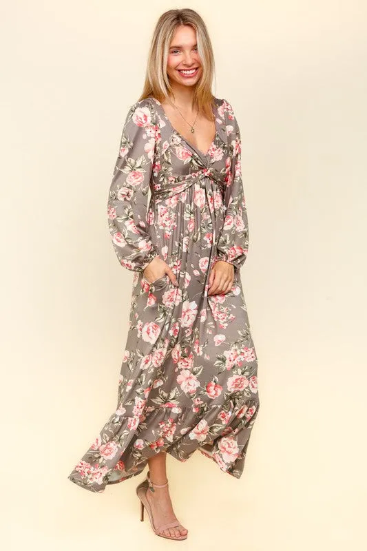 Deena Twisted Detail Ruffled Hem Floral Dress with Side Pockets