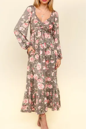 Deena Twisted Detail Ruffled Hem Floral Dress with Side Pockets