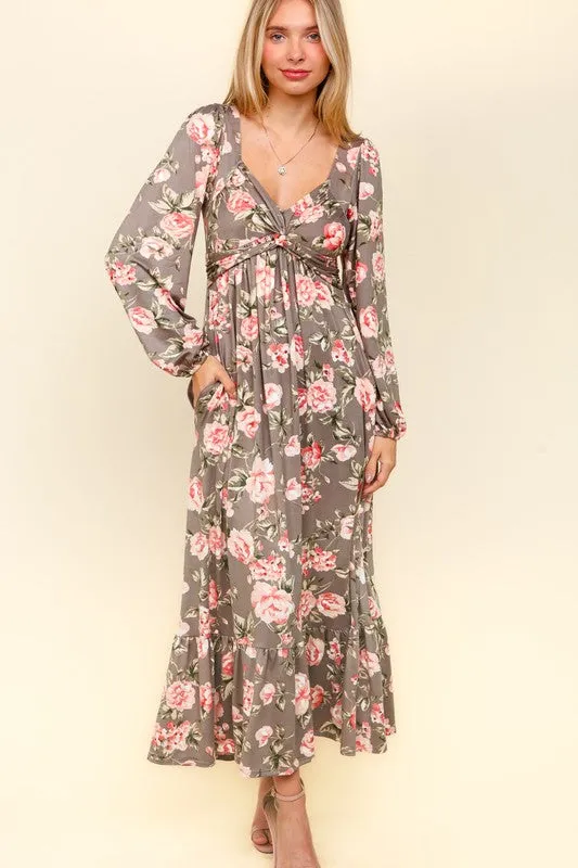 Deena Twisted Detail Ruffled Hem Floral Dress with Side Pockets