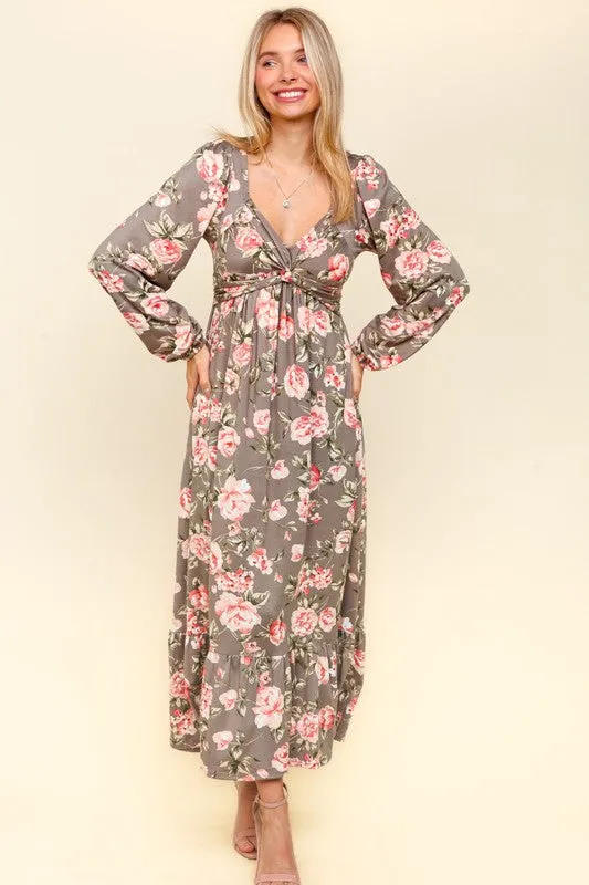 Deena Twisted Detail Ruffled Hem Floral Dress with Side Pockets