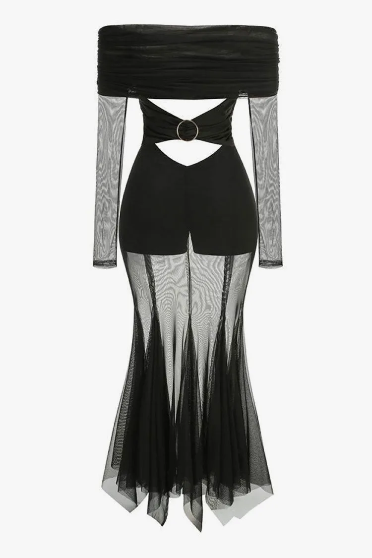 Diva Draped Scarf Off Shoulder O Ring Ruched Cutout Sheer Godet Maxi Dress