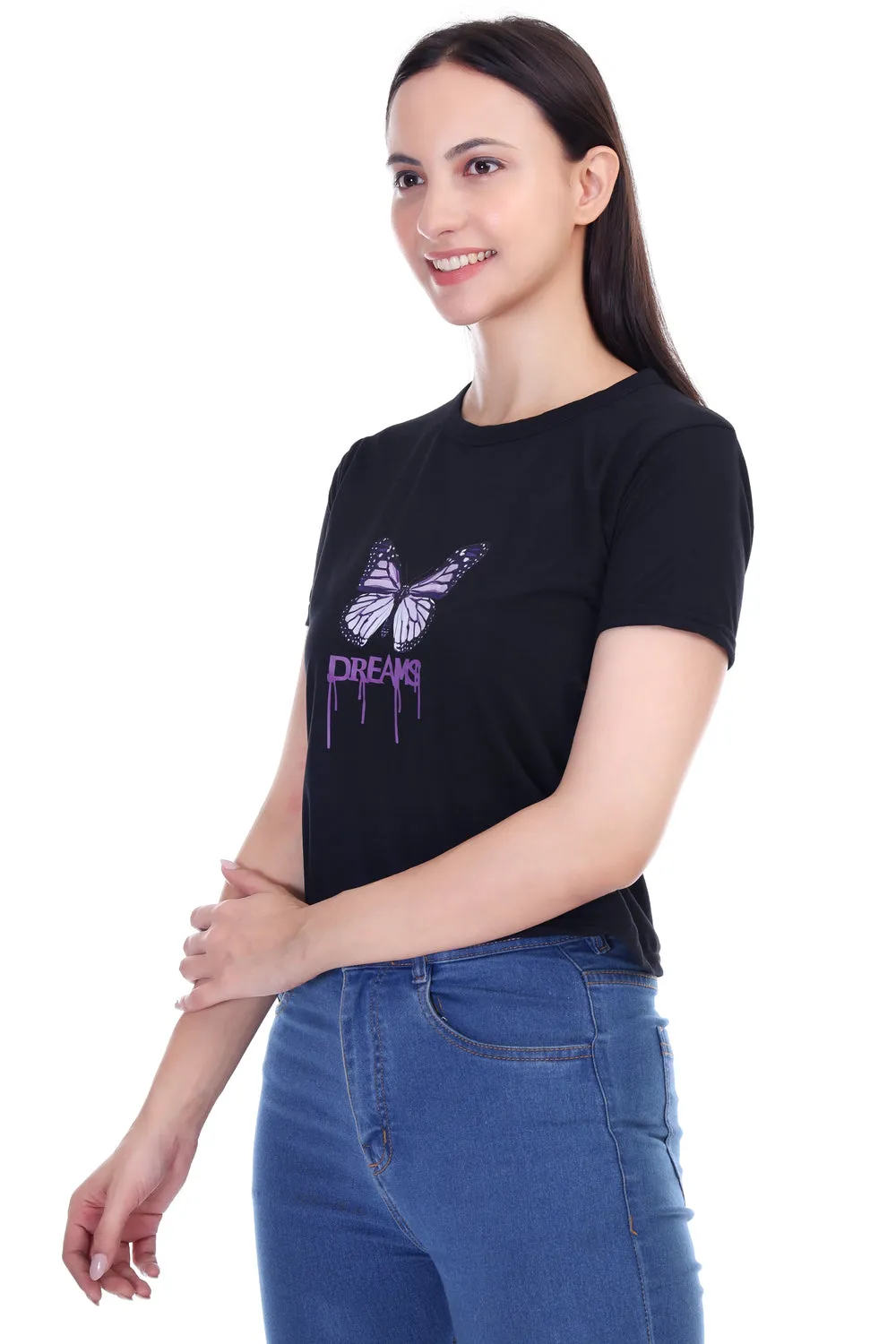 DK FASHION Women's  Women Solid Round Neck Pure Cotton Butterfly Black T-Shirt