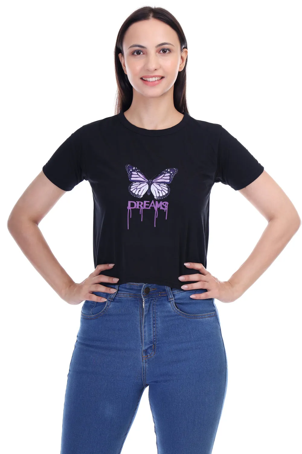 DK FASHION Women's  Women Solid Round Neck Pure Cotton Butterfly Black T-Shirt