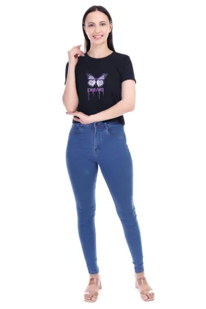DK FASHION Women's  Women Solid Round Neck Pure Cotton Butterfly Black T-Shirt
