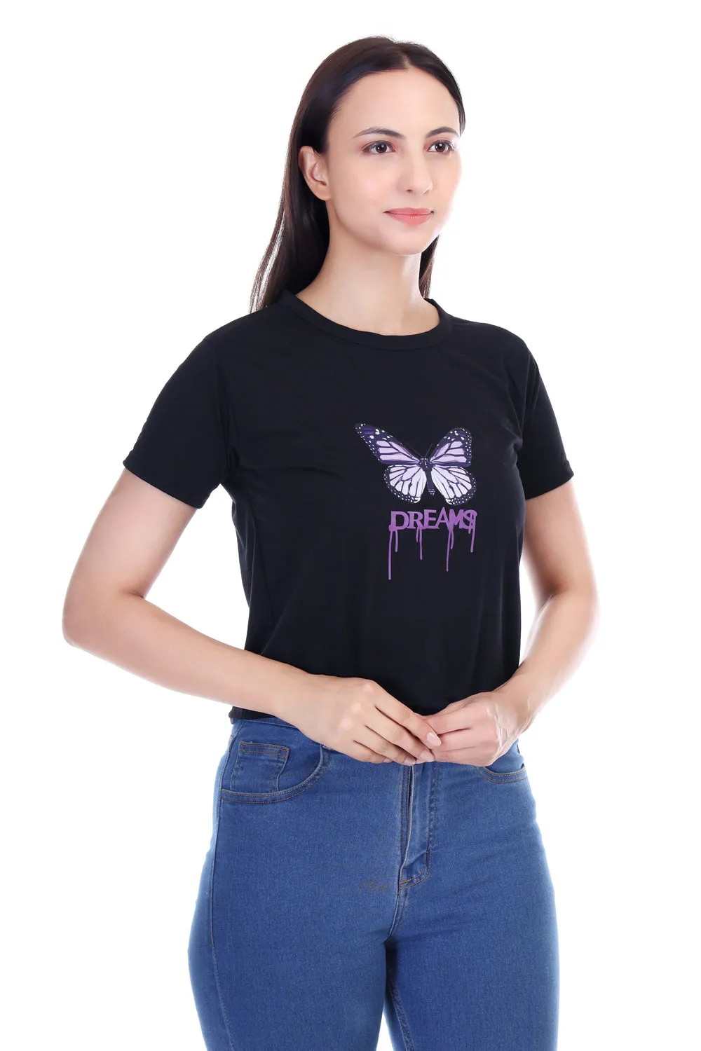 DK FASHION Women's  Women Solid Round Neck Pure Cotton Butterfly Black T-Shirt