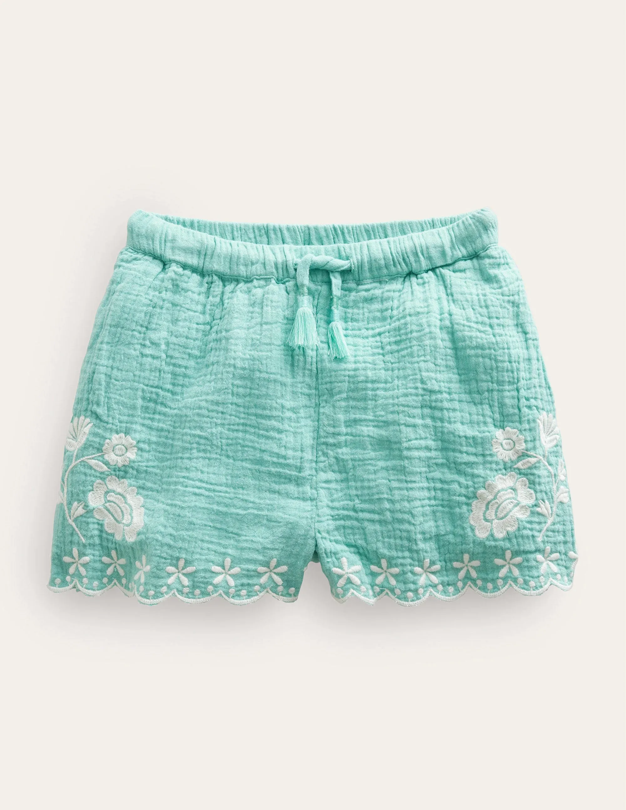 Embroidered Hem Shorts-Aqua Sea