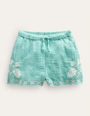 Embroidered Hem Shorts-Aqua Sea