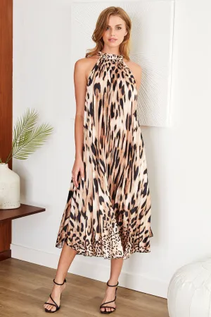 Evann Animal Hybrid Pleated Long Halter Dress