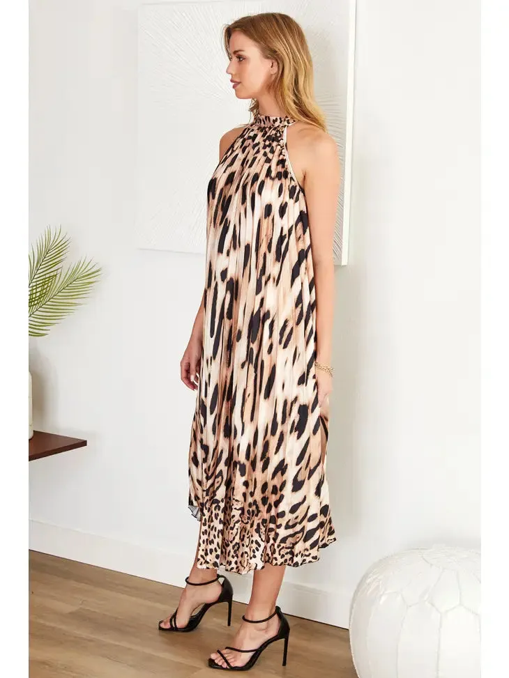 Evann Animal Hybrid Pleated Long Halter Dress