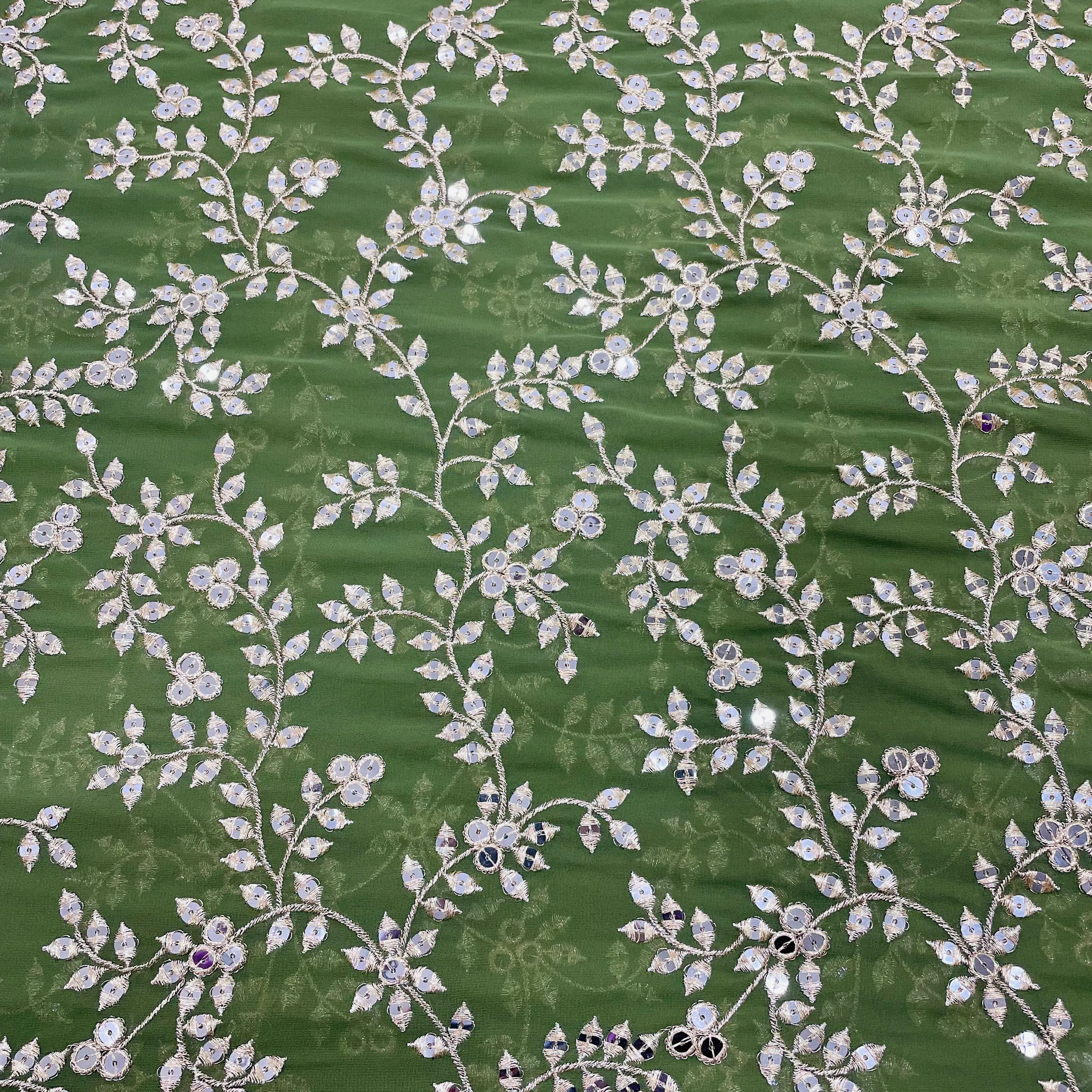 Fern Green Leaf Embroidery Sequins Georgette Fabric