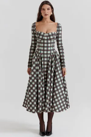 Festival Sweetheart Long Sleeve Drop Waist Tartan Pattern Midi Dress - Red