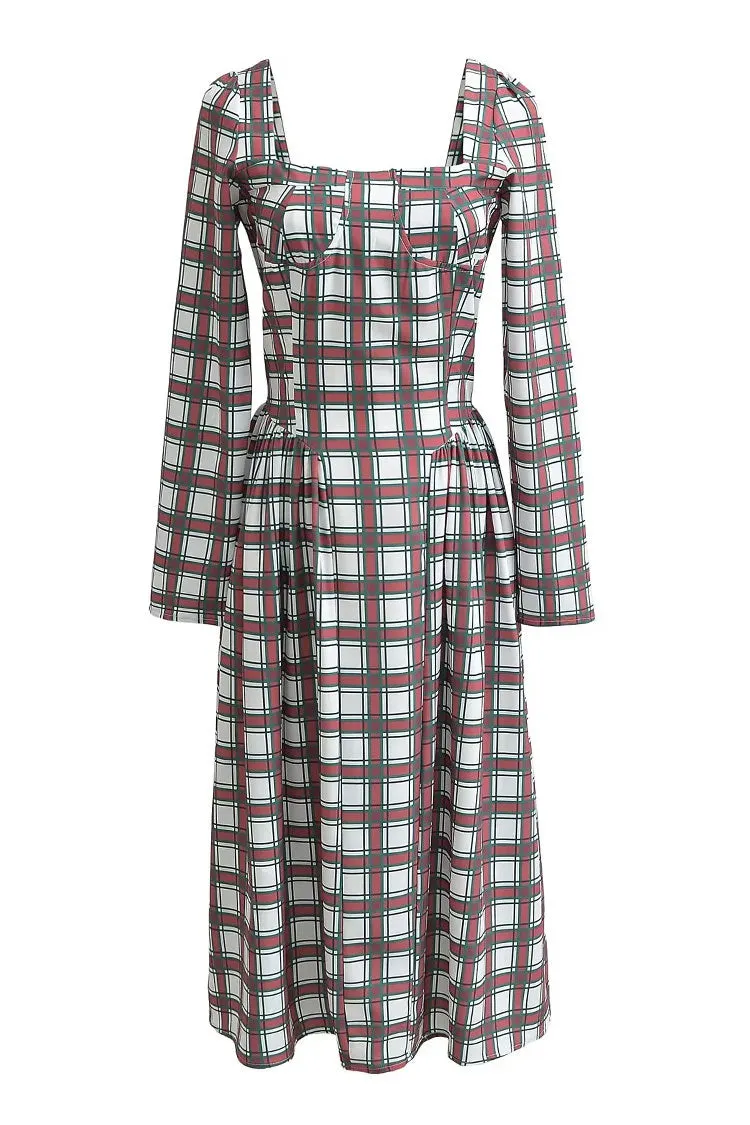 Festival Sweetheart Long Sleeve Drop Waist Tartan Pattern Midi Dress - Red