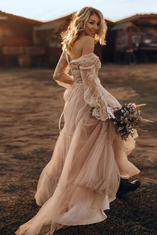Floor Length Chic V-neck Flowy Tulle Long Sleeves Wedding Dress