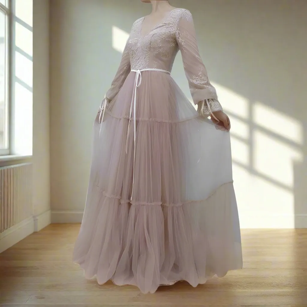 Floor Length Chic V-neck Flowy Tulle Long Sleeves Wedding Dress