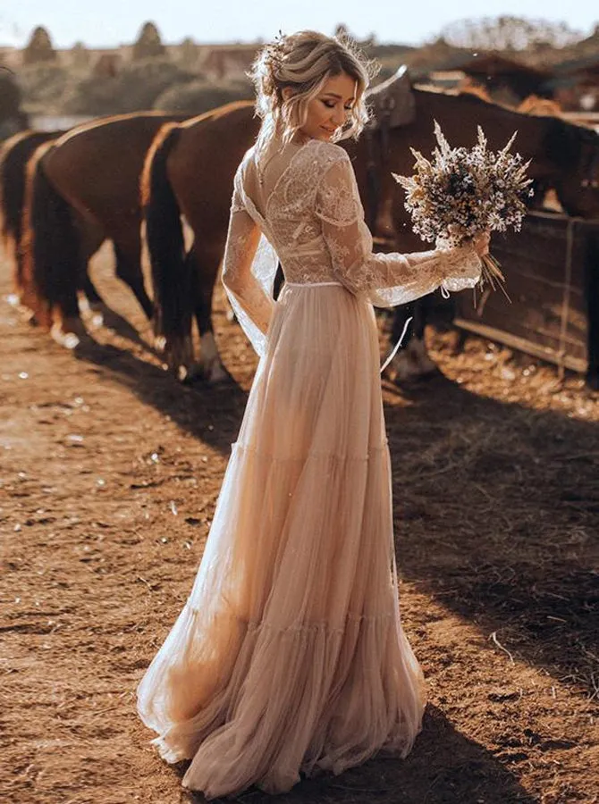 Floor Length Chic V-neck Flowy Tulle Long Sleeves Wedding Dress