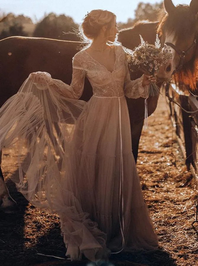 Floor Length Chic V-neck Flowy Tulle Long Sleeves Wedding Dress
