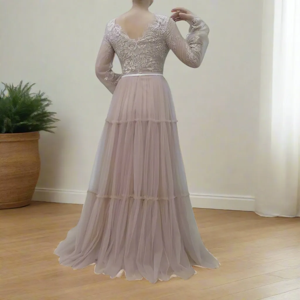 Floor Length Chic V-neck Flowy Tulle Long Sleeves Wedding Dress