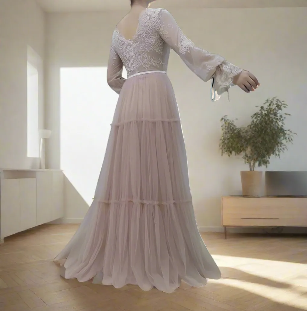 Floor Length Chic V-neck Flowy Tulle Long Sleeves Wedding Dress