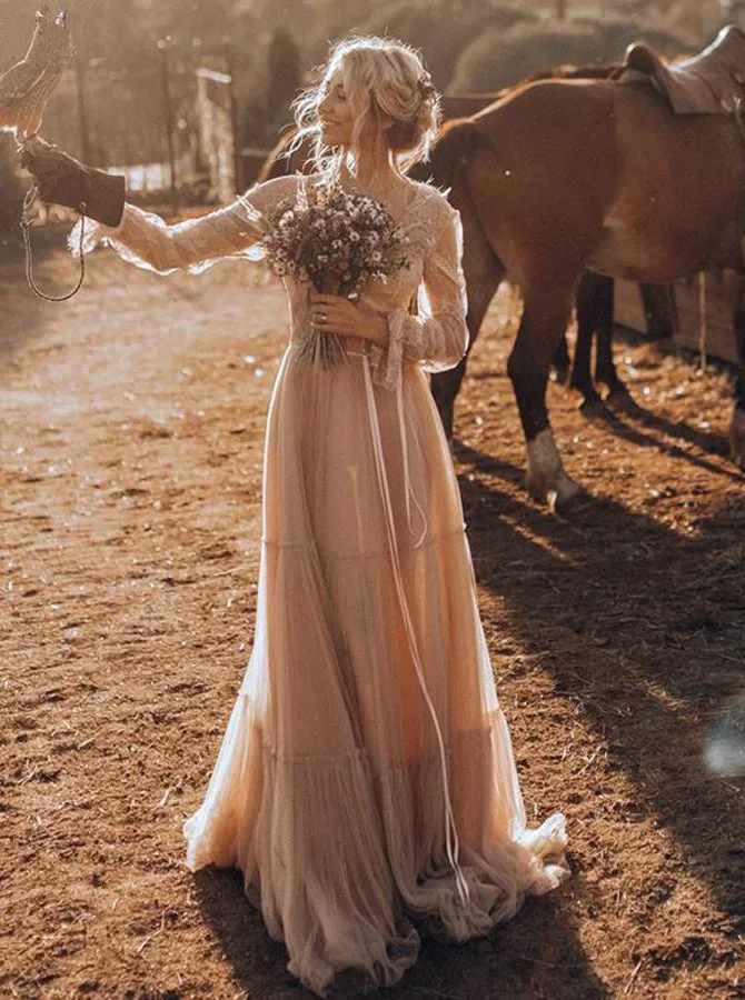 Floor Length Chic V-neck Flowy Tulle Long Sleeves Wedding Dress