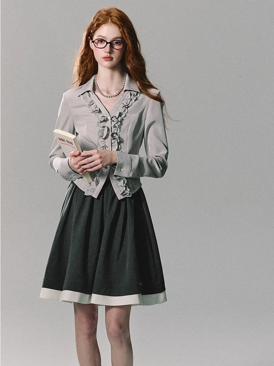 Frill Chic V-Neck Simple Long-Sleeve Blouse