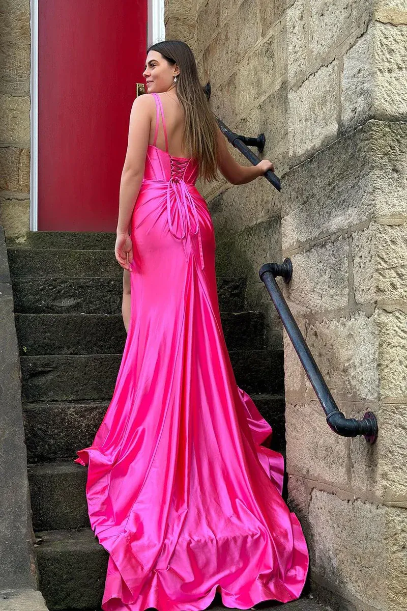 Fuchsia V Neck Mermaid Long Prom Dresses with Slit