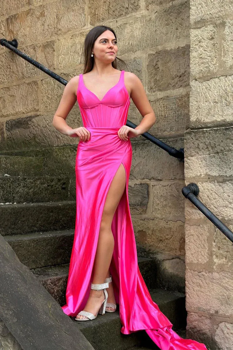 Fuchsia V Neck Mermaid Long Prom Dresses with Slit