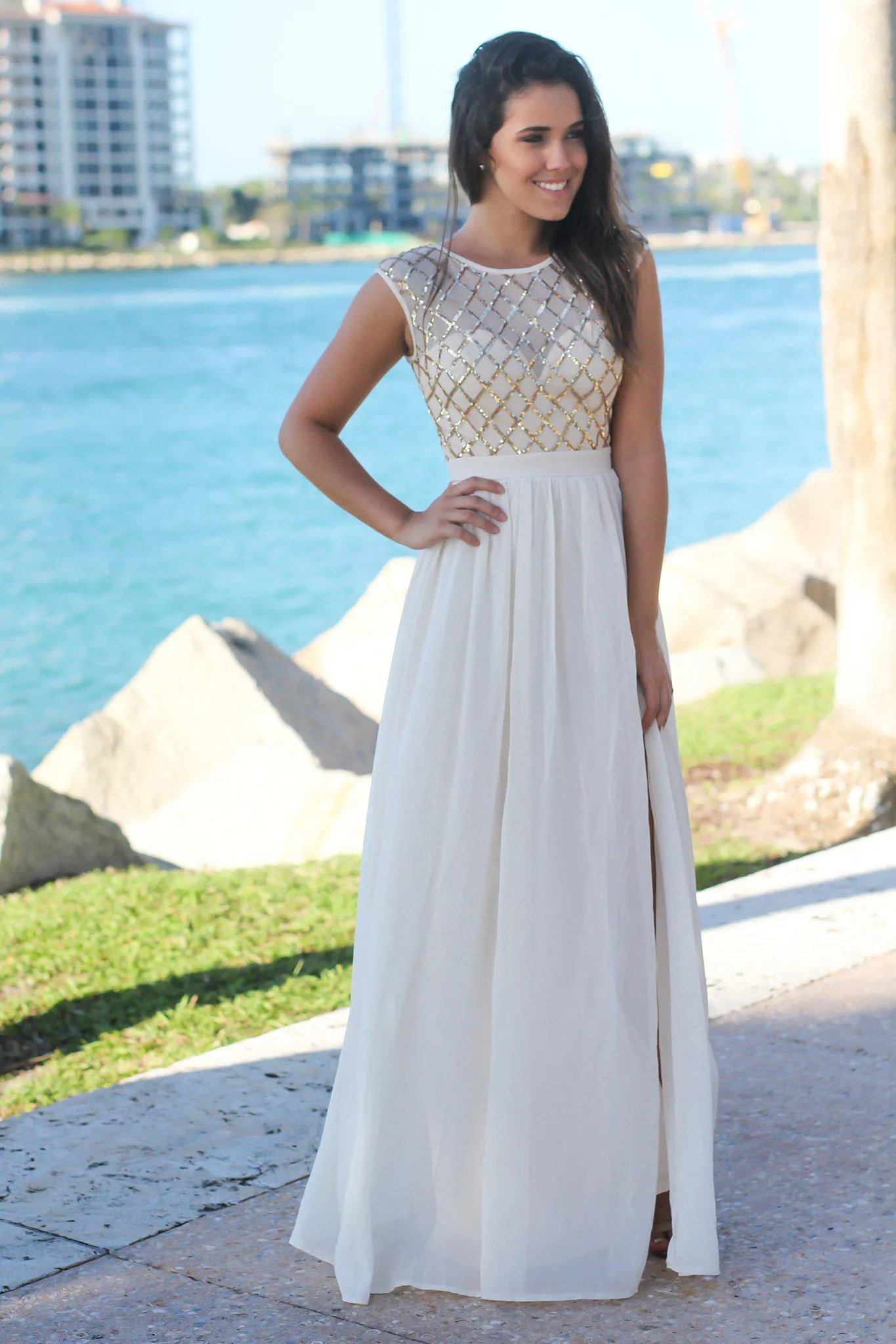 Gold Maxi Dress with Sequin Top
