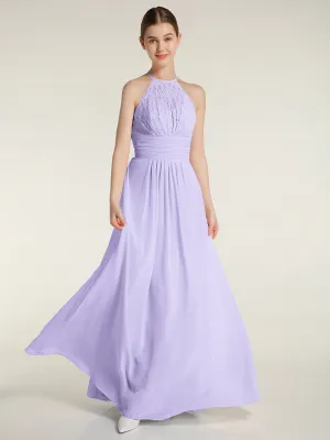 Halter Chiffon And Lace Long Dresses Lilac