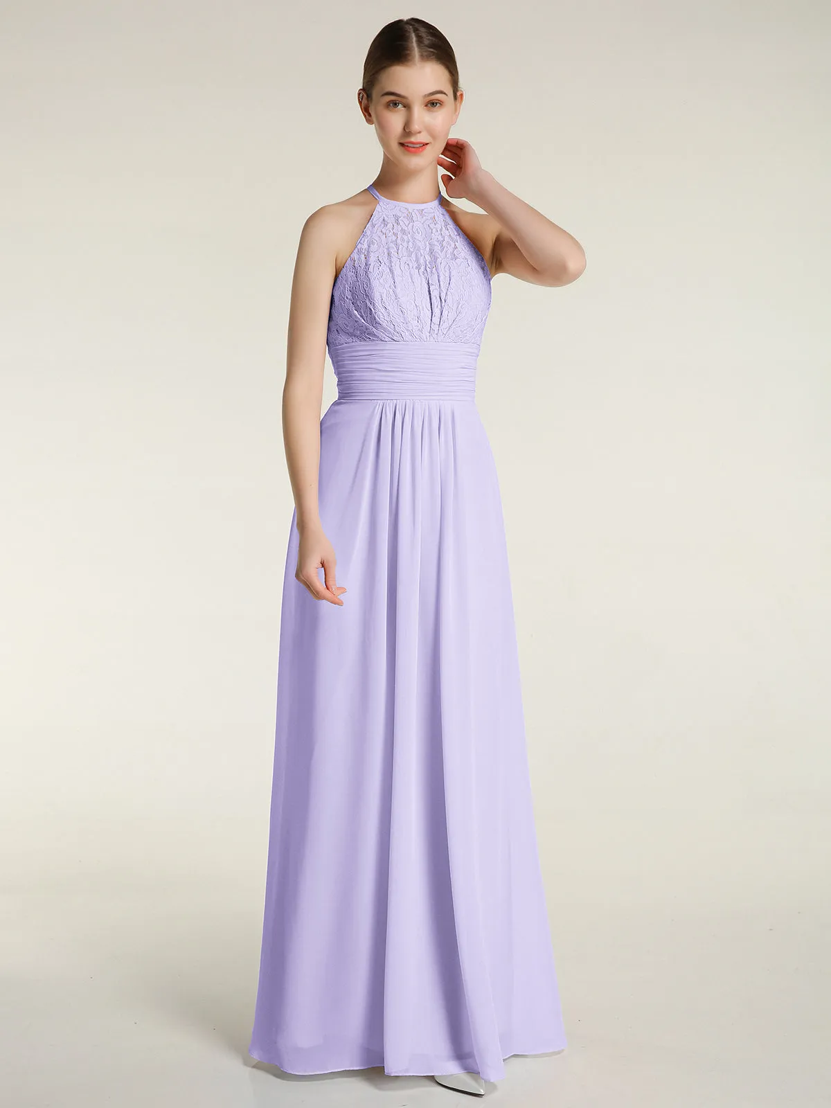 Halter Chiffon And Lace Long Dresses Lilac