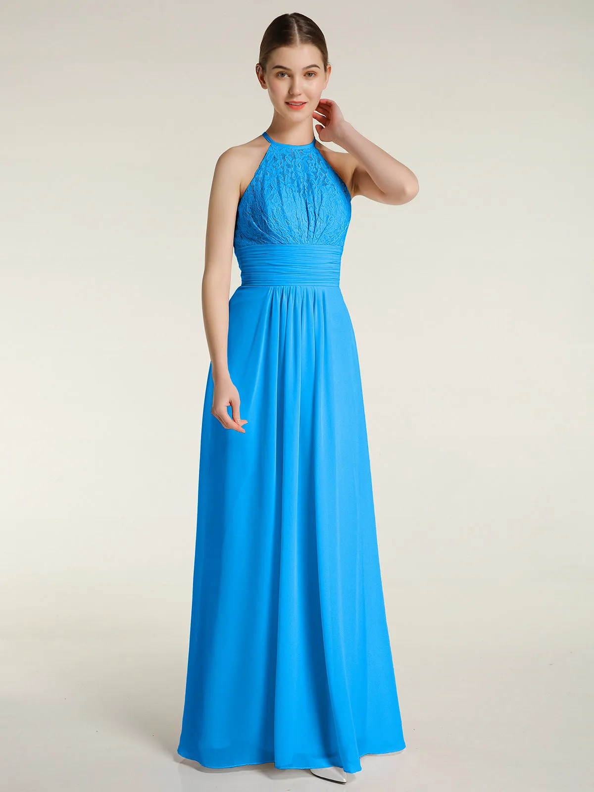Halter Chiffon And Lace Long Dresses Ocean Blue