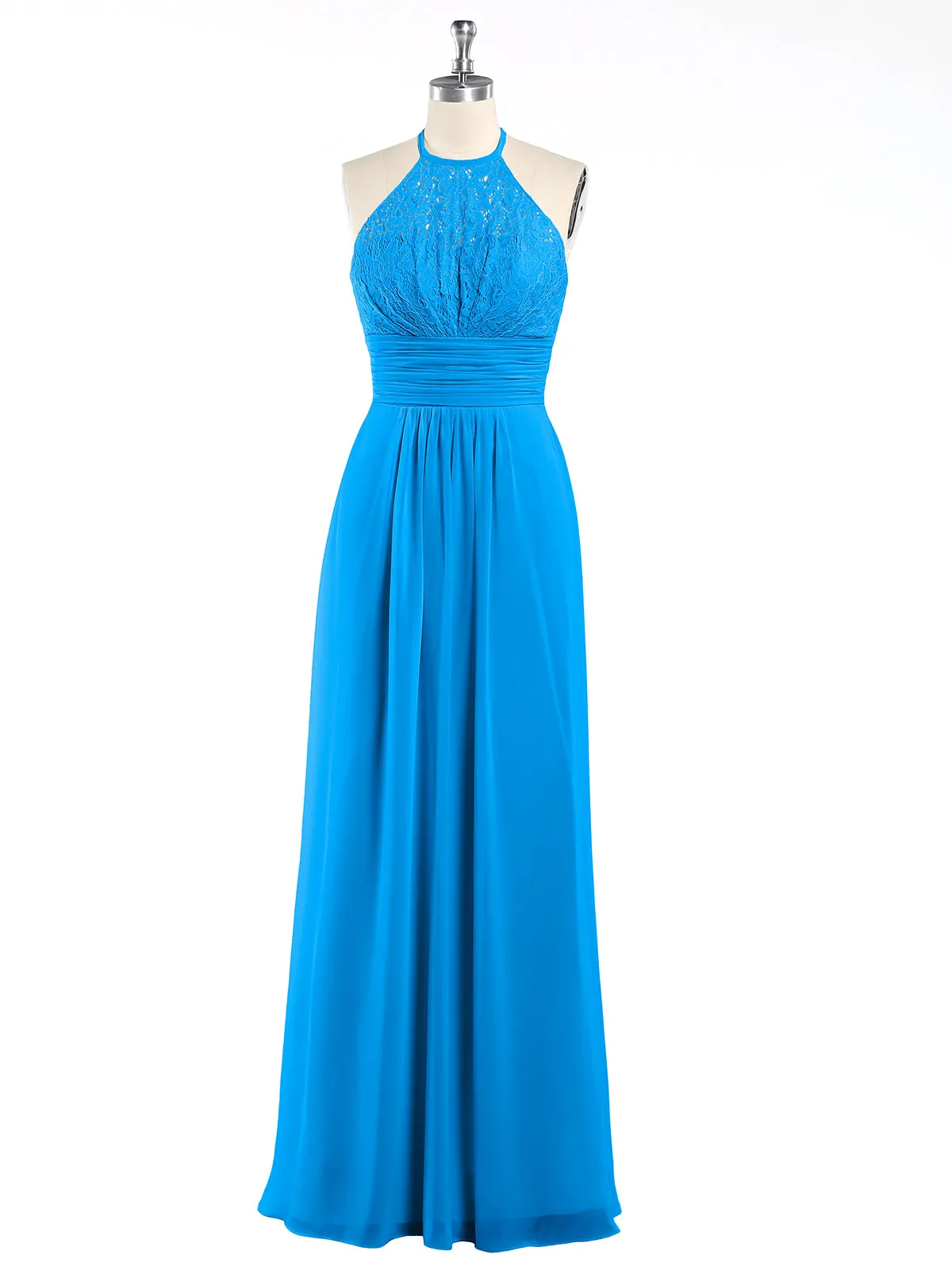 Halter Chiffon And Lace Long Dresses Ocean Blue