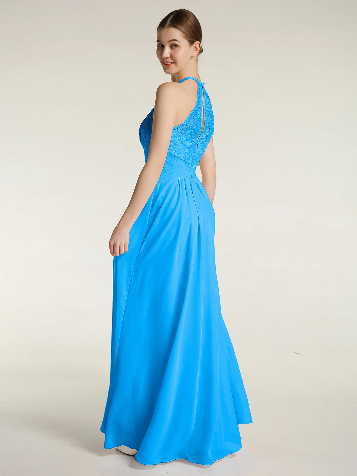 Halter Chiffon And Lace Long Dresses Ocean Blue