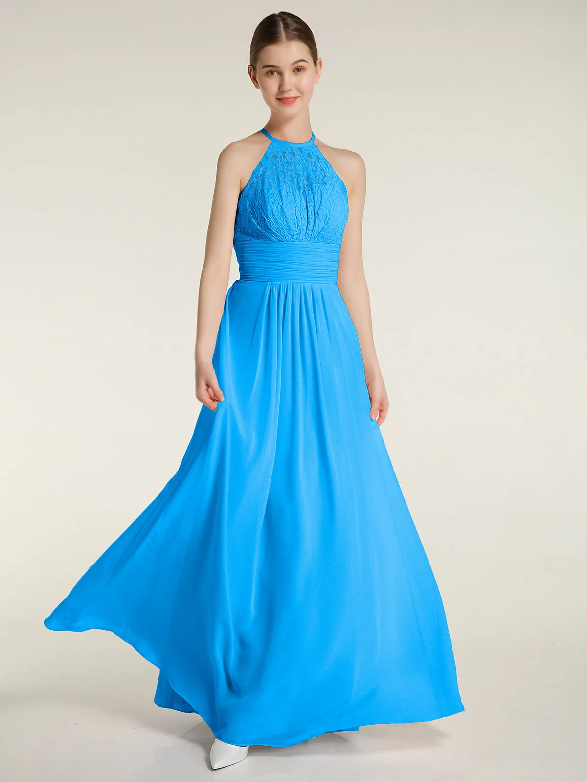 Halter Chiffon And Lace Long Dresses Ocean Blue