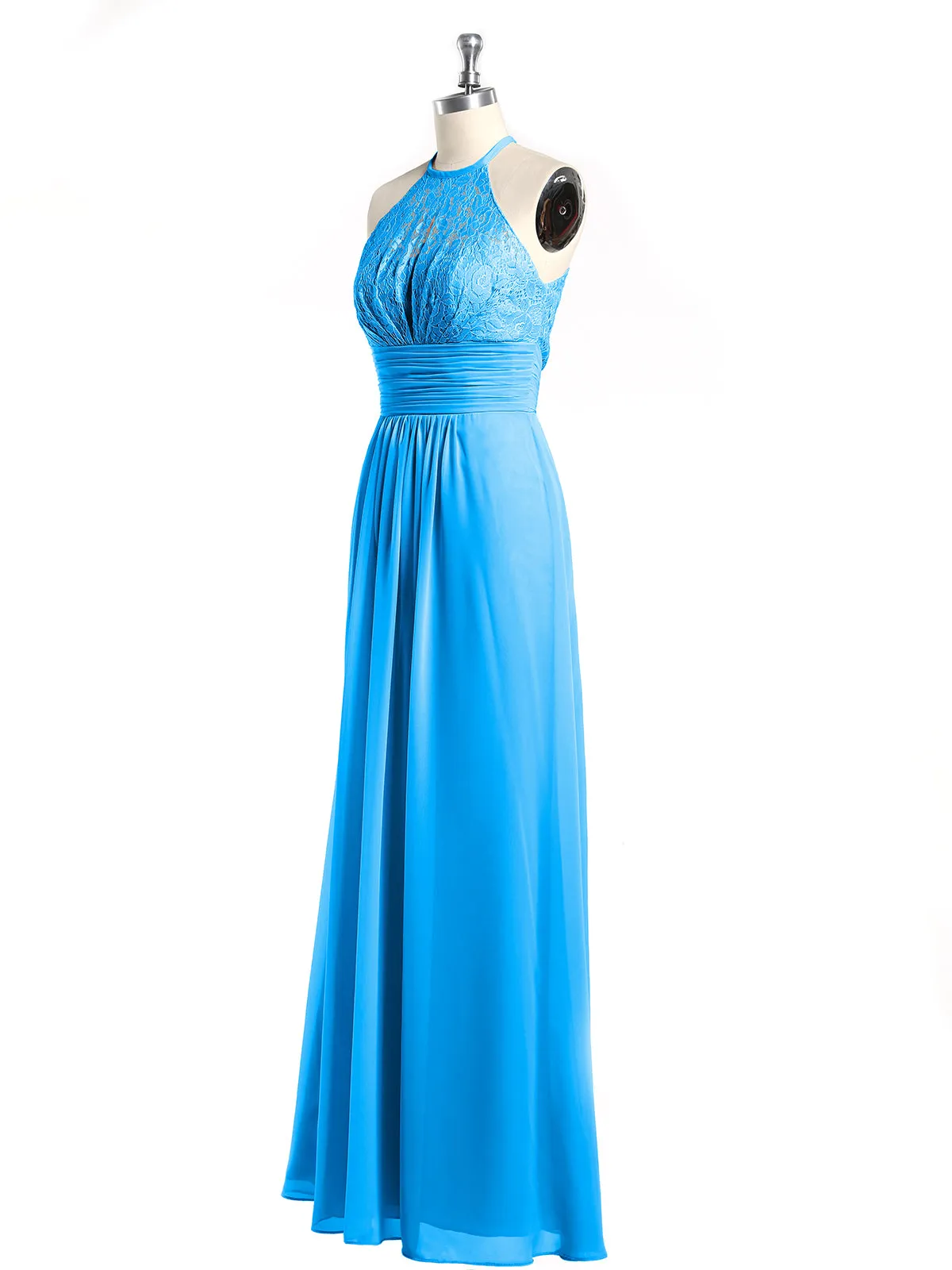 Halter Chiffon And Lace Long Dresses Ocean Blue