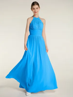 Halter Chiffon And Lace Long Dresses Ocean Blue