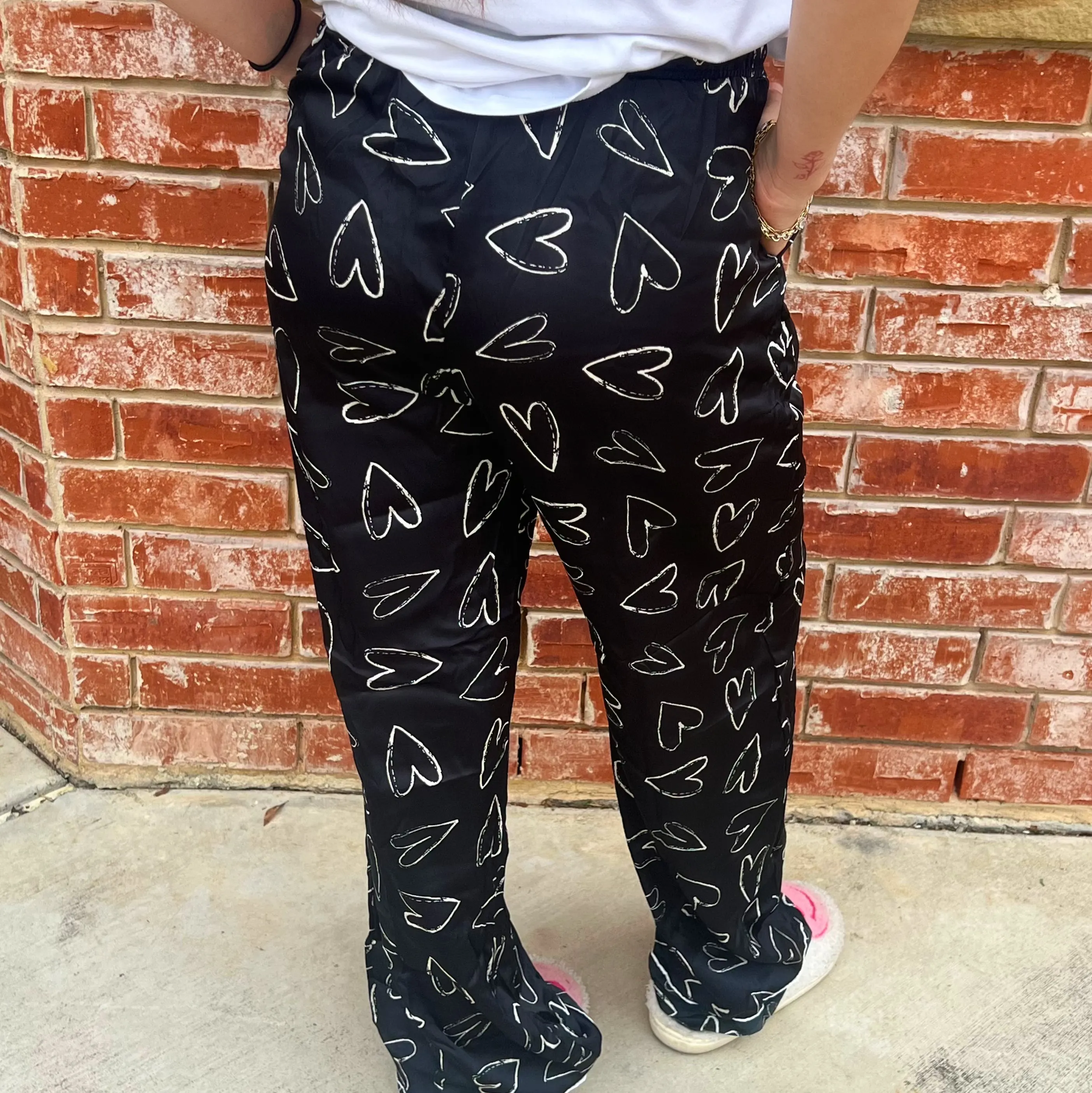 Hello Mello Heart Shaped Black Satin Pajama Pants
