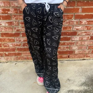 Hello Mello Heart Shaped Black Satin Pajama Pants