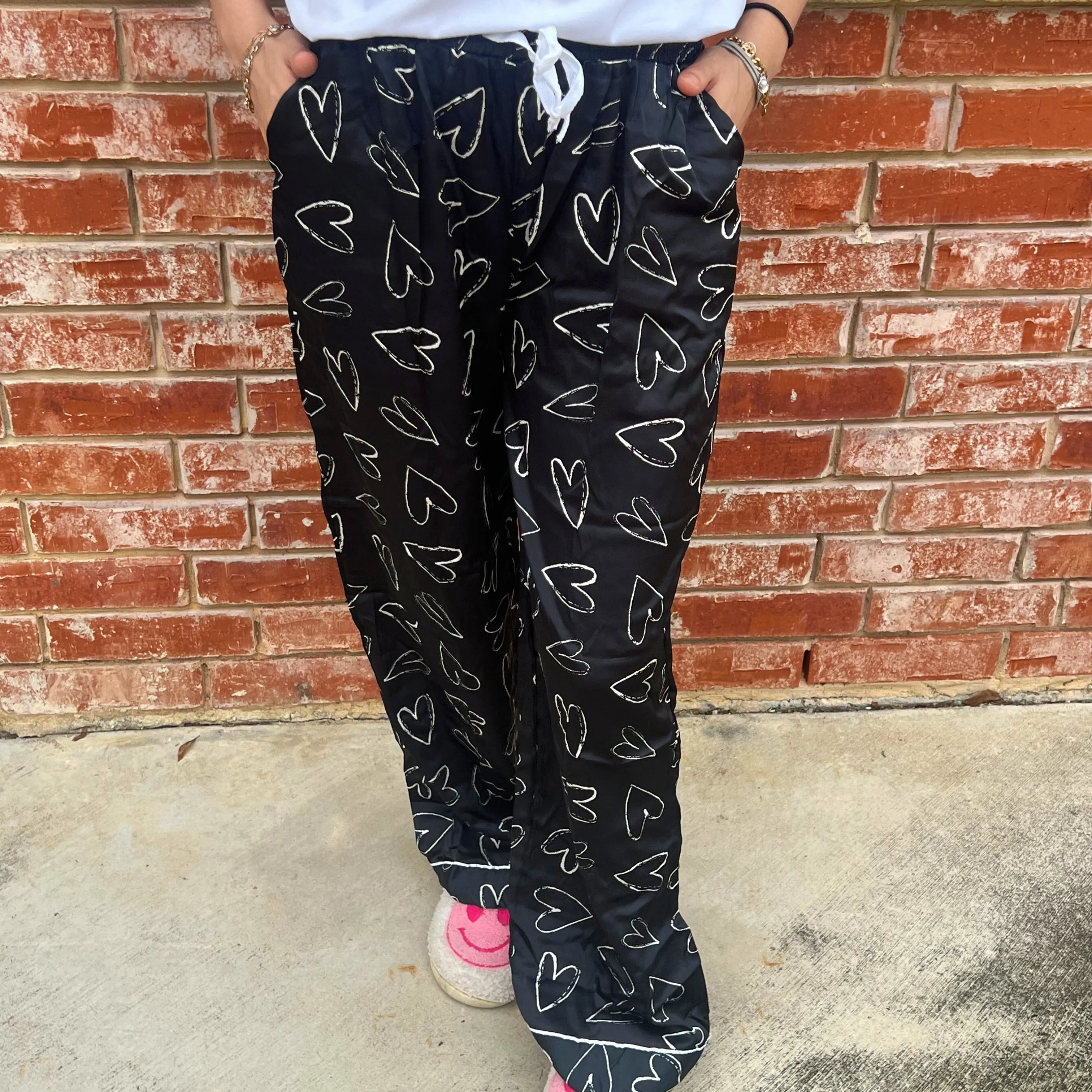 Hello Mello Heart Shaped Black Satin Pajama Pants